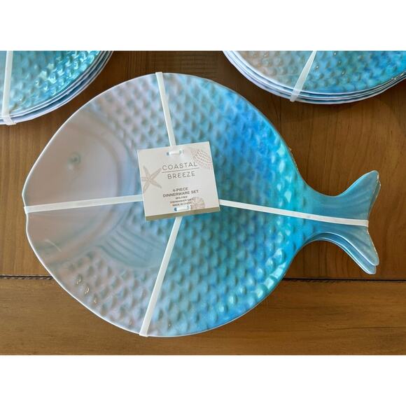12 Coastal Breeze Fish Shaped Melamine Lunch Dinner Snack Plates Blue Ombre - Picture 2 of 11